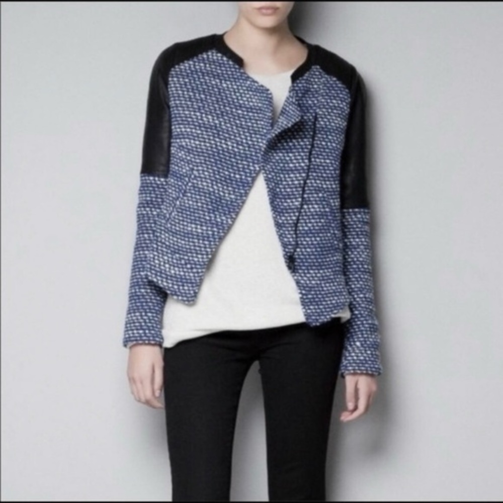 Zara Trafaluc Moto Jacket Tweed Faux Leather Blue Black XS Gorpcore